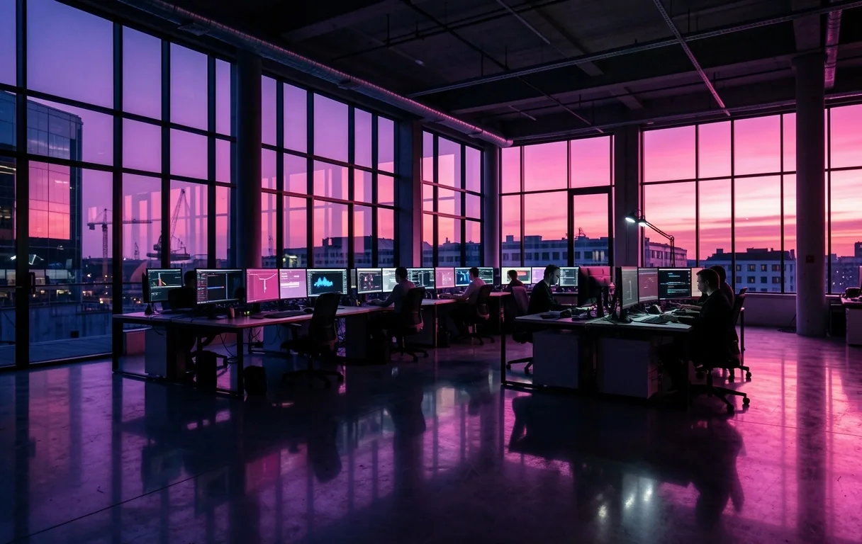 Industrial media newsroom at twilight